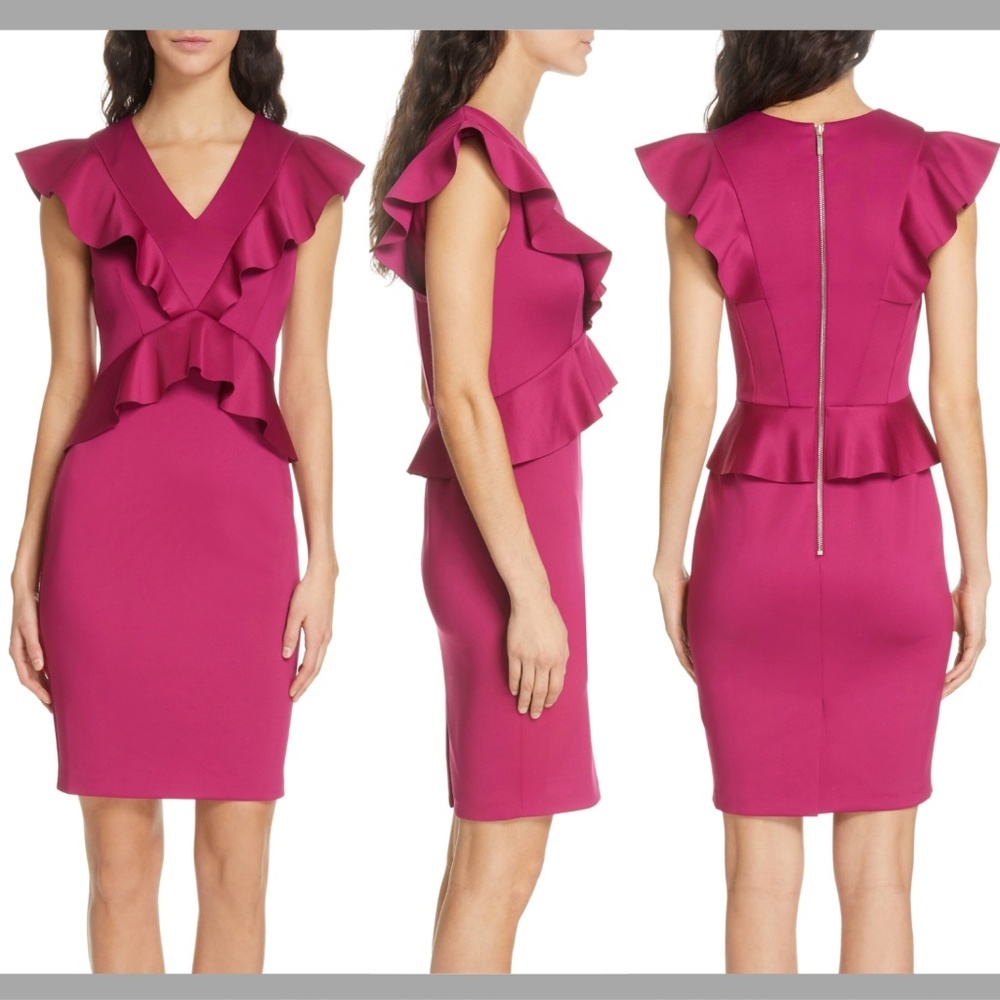 NWT $295‎ Ted Baker Alair Ruffle Body-Con Dress in Deep Pink [SZ 4 in TB ]